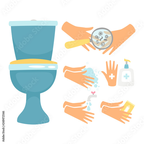 Hygiene after toilette vector illustration, flat design. Hygiene toilet, clean and wash hands