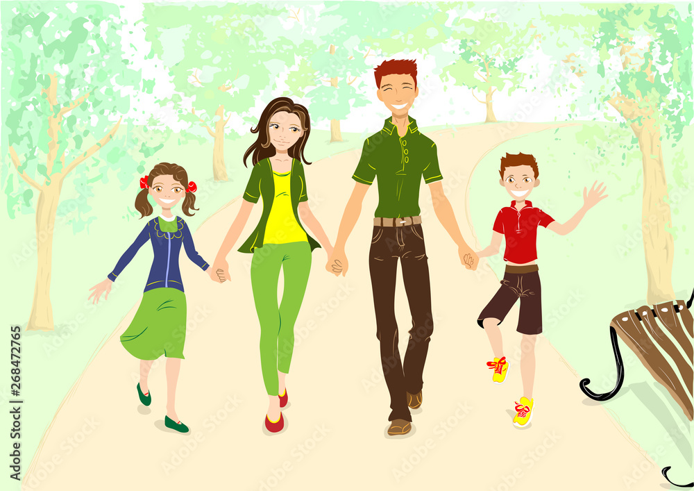 Flat vector illustration of smiling family outing in park Flat vector illustration of smiling family outing in park