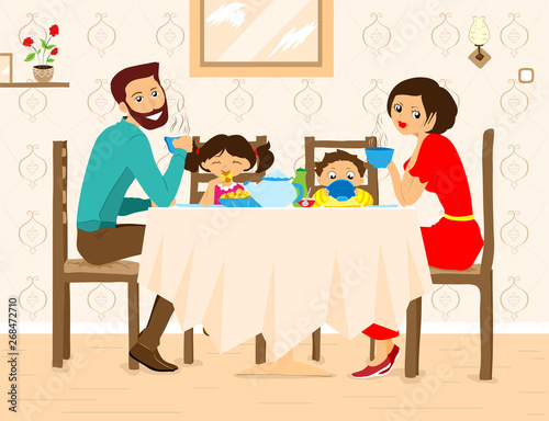 Family at home drinking tea flat vector illustration