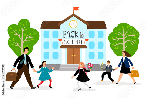 Back to school vector illustration. Parents lead children to school. Child with parent go to education, woman with kid