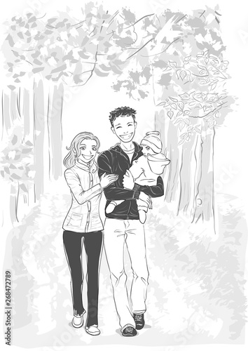 Black and white vector illustration of smiling family outing in fall park