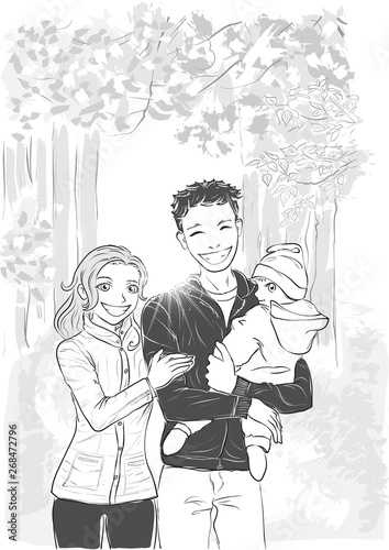 Black and white vector illustration of smiling family outing in fall park