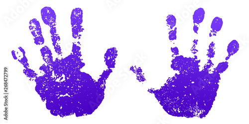 Hand paint print set, isolated white background. Color human palm and fingers. Abstract art design, symbol identity people. Silhouette child, kid, people handprint. Grunge texture. Vector illustration