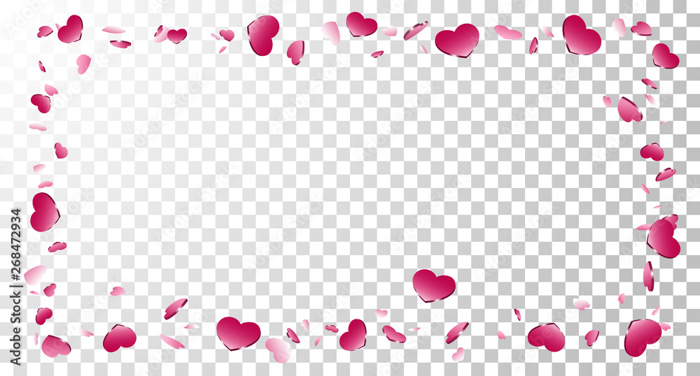 Heart frame isolated white transparent background. Pink hearts fall confetti border. Abstract heart design love card, wedding romantic greeting poster. Valentine day decoration. Vector illustration
