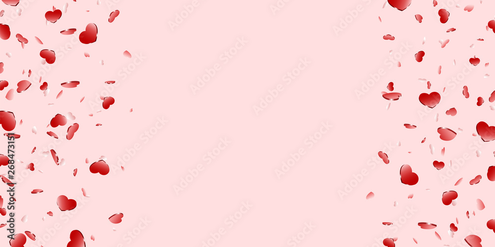 Heart frame isolated pink background. Red hearts fall confetti border. Abstract heart-shape design love card, wedding romantic poster. Pattern greeting, Valentine day decoration. Vector illustration