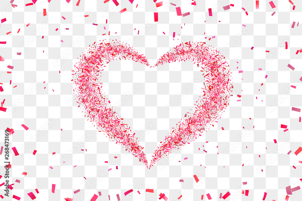 Heart confetti isolated white transparent background. Fall red confetti, heart-shape. Valentine day holiday, romantic wedding border card. Valentines decoration frame Love design. Vector illustration