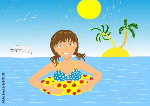 Vector illustration of swiming girl in summer blue sea. © Andrey