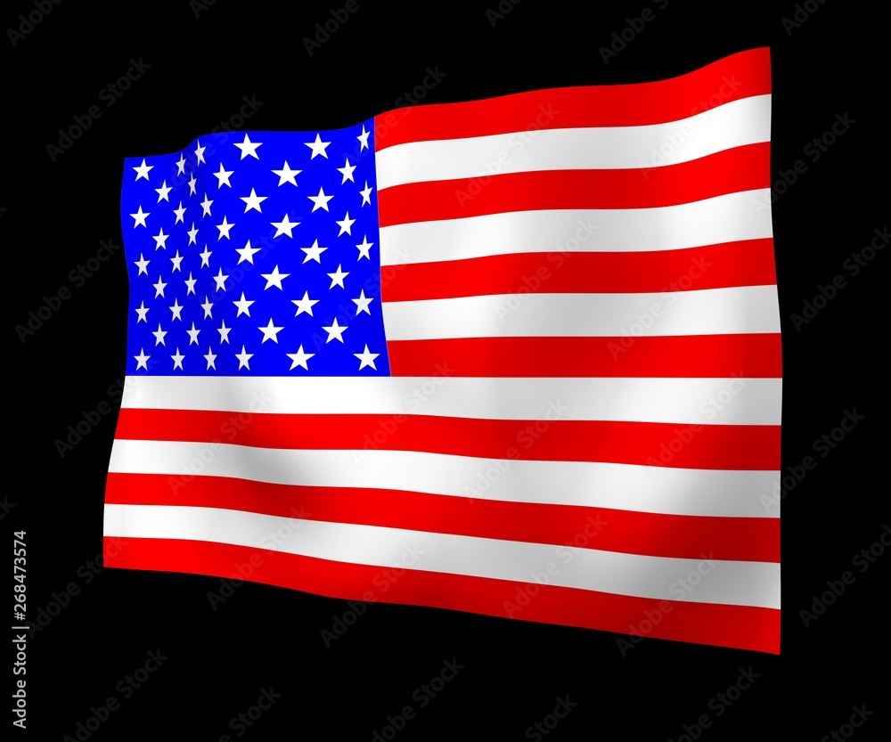 Waving flag of the United States of America on a dark background. Stars and Stripes. State symbol of the USA. 3D illustration Waving flag of the United States of America on a dark background. Stars and Stripes. State symbol of the USA. 3D illustration