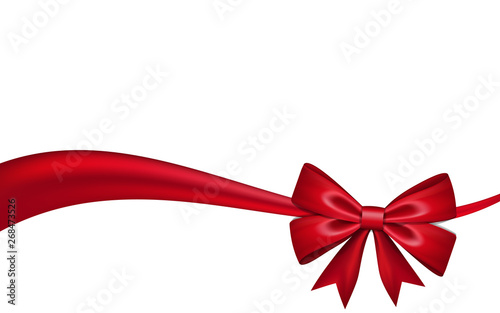Ribbon bow for gift, isolated white background. Satin red design festive frame. Decorative Christmas, Valentine day card, present holiday decoration. Birthday silk ribbon bow. Vector illustration