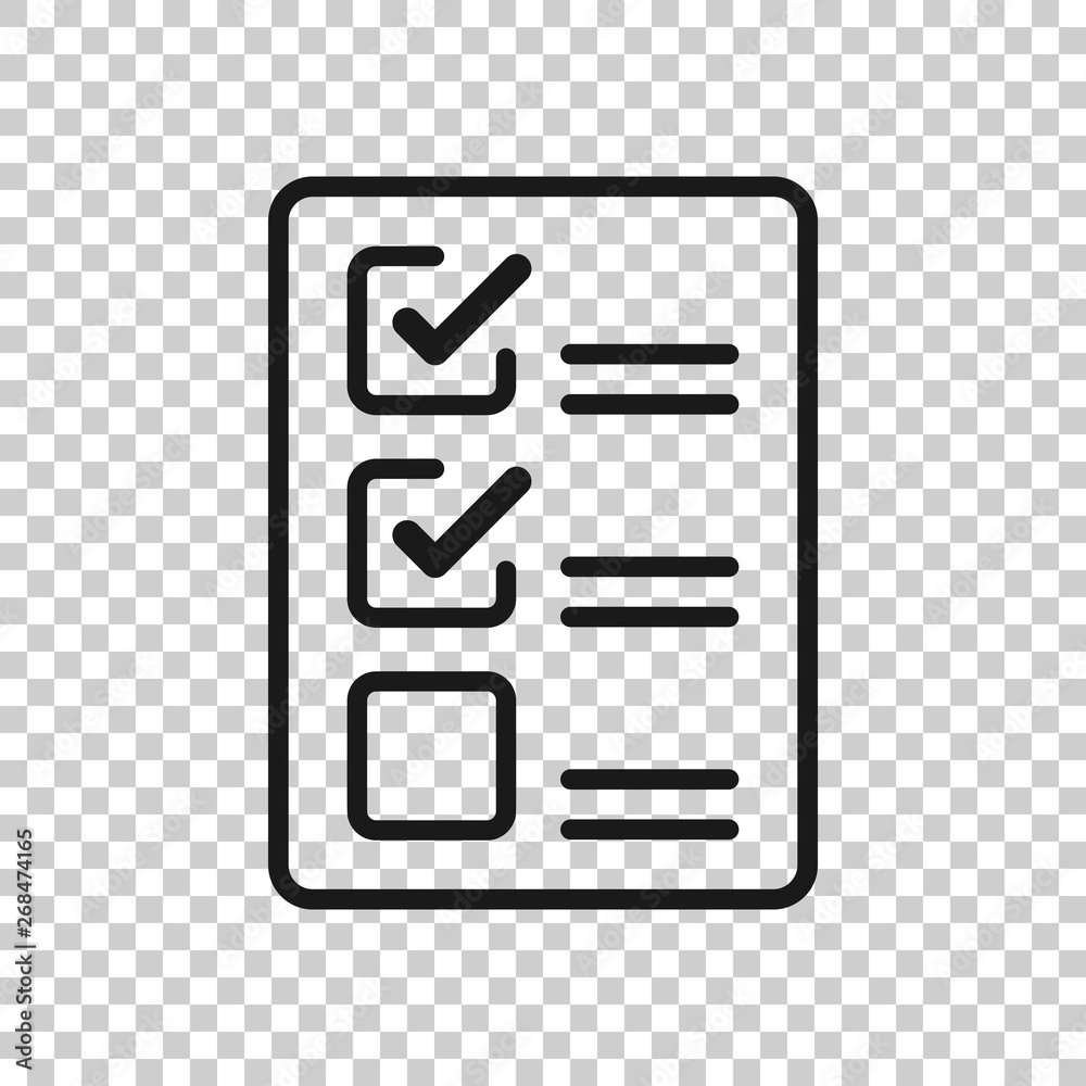 Checklist document sign icon in transparent style. Survey vector illustration on isolated background. Check mark banner business concept. Checklist document sign icon in transparent style. Survey vector illustration on isolated background. Check mark banner business concept.
