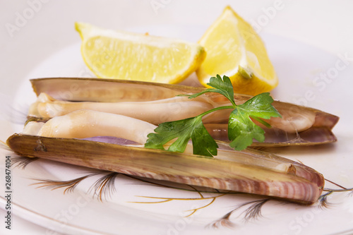 knives, parsley and half a lemon in white dishes photo