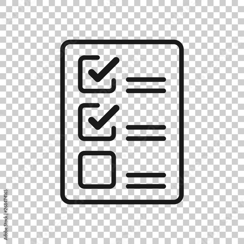 Checklist document sign icon in transparent style. Survey vector illustration on isolated background. Check mark banner business concept.