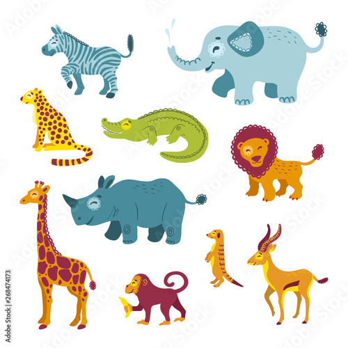 Set of African animals. Savannah zoo clipart isolated on white background. Illustrations for children s books  t-shirts  Wallpapers  textiles  posters  cards  logos  web. Vector