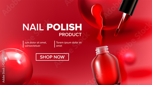 Red Nail Polish Product Vial Landing Page Vector. Glassy Bottle, Tassel, Bright Blot And Balls Depicted On Woman Nail Fashion Cosmetic Website Or Web Page. Realistic 3d Illustration