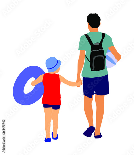 Father and  son go to swimming and sunbathing. Happy family enjoying on beach vector illustration. Family beach day. Child hand holding dad. Summer kids fun recreation. Boy with swim ring slag protect