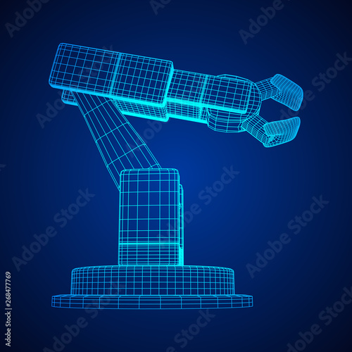 Robotic arm manufacture technology industry assembly mechanic hand wireframe low poly mesh vector illustration
