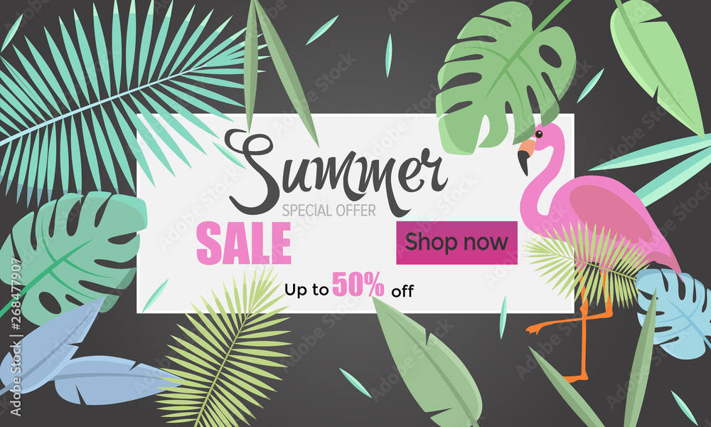 Naklejka premium Summer banner sale 60% 70% 80% off big summer sale for online shop. Black banner with leaves and flamingo, header.