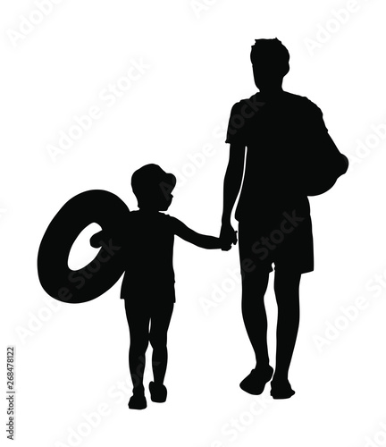 Father and  son go to swimming and sunbathing. Happy family enjoying on beach vector silhouette. Family beach day. Child hand holding dad. Summer kids fun recreation. Boy with swim ring slag protect