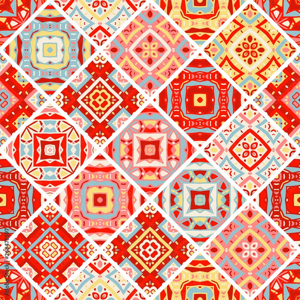 Ornamental patchwork pattern. Bright seamless design. Ethnic print  for fabric.