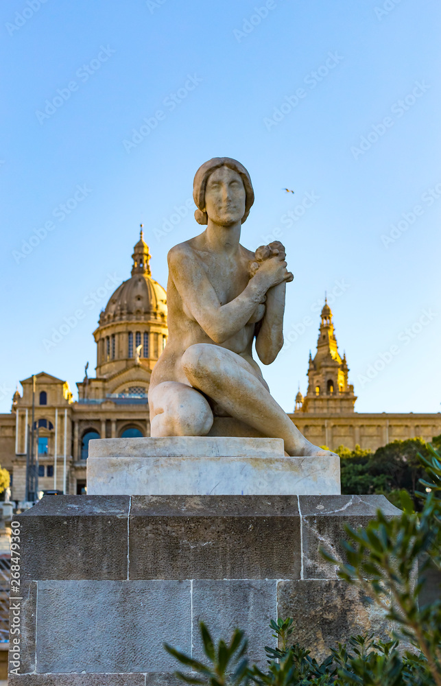 Elements of the architecture of the national park Montjuic at plaza Spain in Barcelona