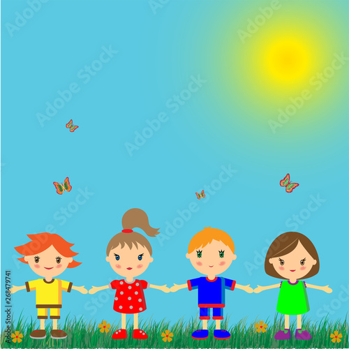 Children in nature. Grass, flowers,butterflies. Vector illustration