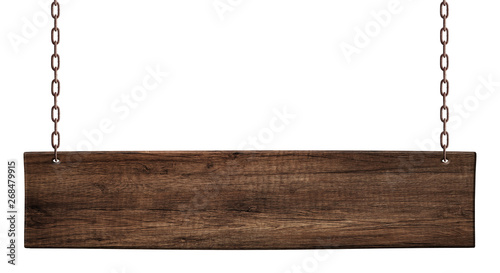 Oblong wooden board made of dark wood hanging on chains