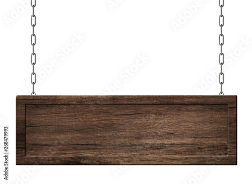 Oblong wooden board with frame made of dark wood hanging on chains