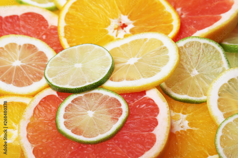 Mix of citrus fruits cut in slices