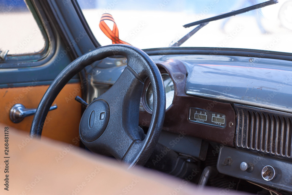 Old Russian car - steering wheel and front panel of the USSR