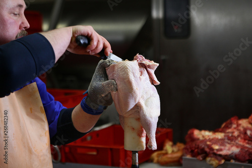 Close-up of the hands of a worker who cuts a chicken carcass at a meat factory. Persons not visible. Hands out of focus. The concept of meat processing production.