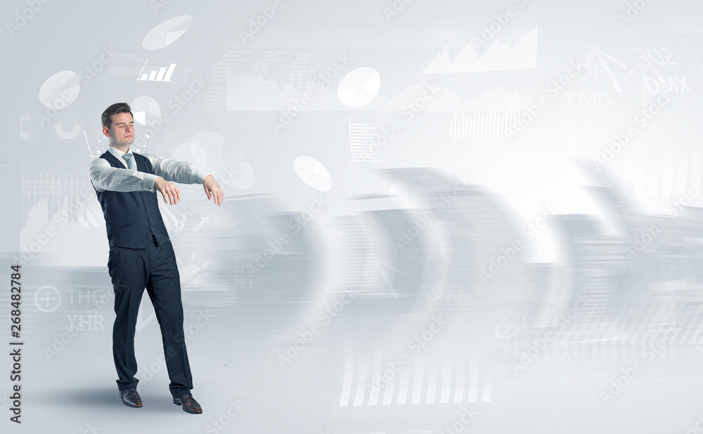 Young elegant businessman with city and report dream concept Young elegant businessman with city and report dream concept