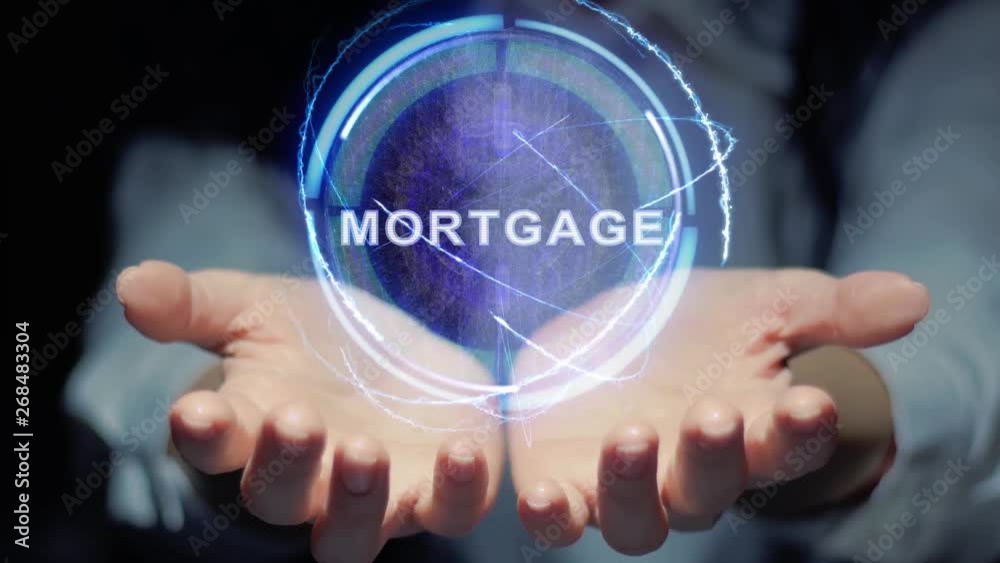 Female hands show a round conceptual hologram with text Mortgage. Unrecognizable woman in ashen white on a black background with future holographic technology Female hands show a round conceptual hologram with text Mortgage. Unrecognizable woman in ashen white on a black background with future holographic technology