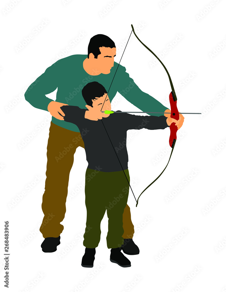 Archer vector illustration isolated on white background. Hunter in hunting. Dad teaches his son to hold bow and arrow. Fathers day, spending time with boy, wakes hunting instinct. Parenting, family.
