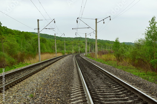 Railway parallels. Railway track among the green forest. Cloudy weather.