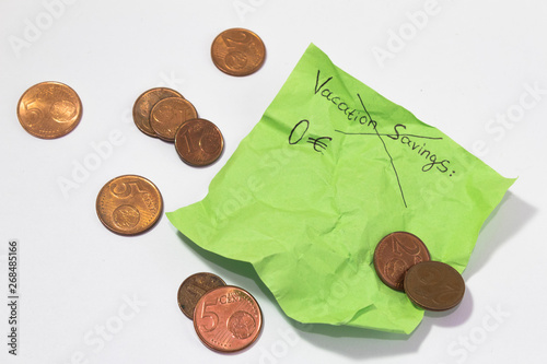 vacation canceled. unable to find money. scrap.wrinkled sticky note reminder