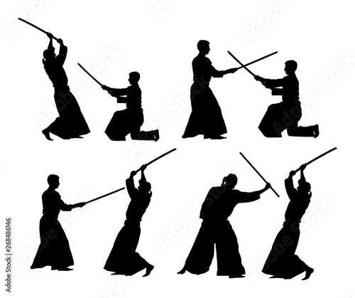 Fight between two aikido fighters vector silhouette symbol illustration. Sparring on training action. Self defense skills fighter, exercise concept. Traditional warriors.