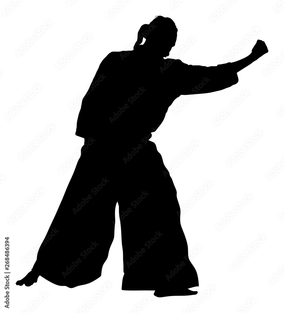 Aikido fighter vector silhouette symbol illustration. Sparring on training action. Self defense, defence art exercising concept. Martial skills demonstration. 