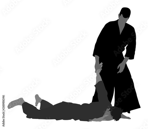 Fight between two aikido fighters vector symbol illustration. Sparring on training action. Self defense skills fighter, exercise concept. Traditional warriors.
