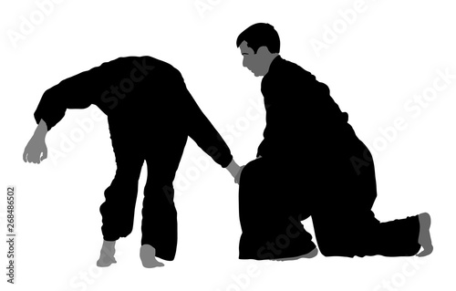 Fight between two aikido fighters vector symbol illustration. Sparring on training action. Self defense skills fighter, exercise concept. Traditional warriors.
