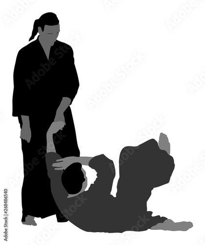 Fight between two aikido fighters vector symbol illustration. Sparring on training action. Self defense skills fighter, exercise concept. Traditional warriors.