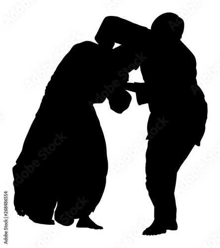 Fight between two aikido fighters vector silhouette symbol illustration. Sparring on training action. Self defense skills fighter, exercise concept. Traditional warriors.