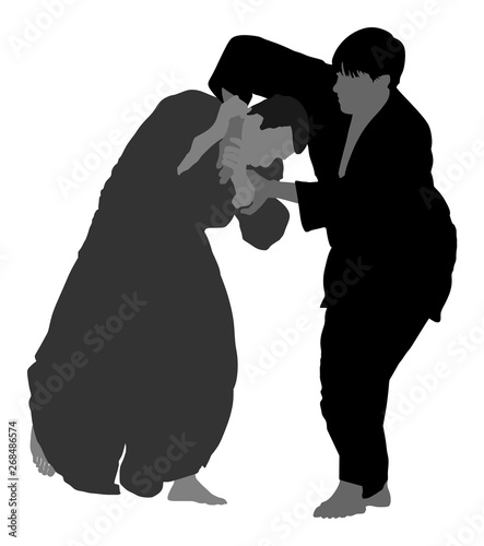 Fight between two aikido fighters vector illustration. Sparring on training action. Self defense, defence art exercising concept. Sparing duel between opponents. Martial skills.