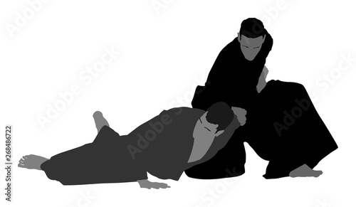 Fight between two aikido fighters vector symbol illustration. Sparring on training action. Self defense skills fighter, exercise concept. Traditional warriors.