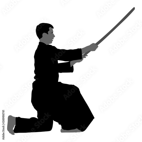 Aikido fighter vector silhouette isolated on white. Training action. Self defense exercising concept. Aikido instructor demonstrate skill with katana. Traditional warrior from Asia. Kendo fight.