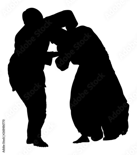 Fight between two aikido fighters vector silhouette symbol illustration. Sparring on training action. Self defense, defence art exercising concept. Sparing duel between opponents. Martial skills.
