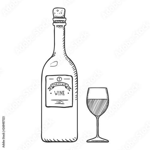 Vector Sketch Illustration - Wine Bottle and Wineglass