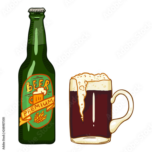 Vector Cartoon Illustration - Beer Bottle and Tankard Full of Dark Beer