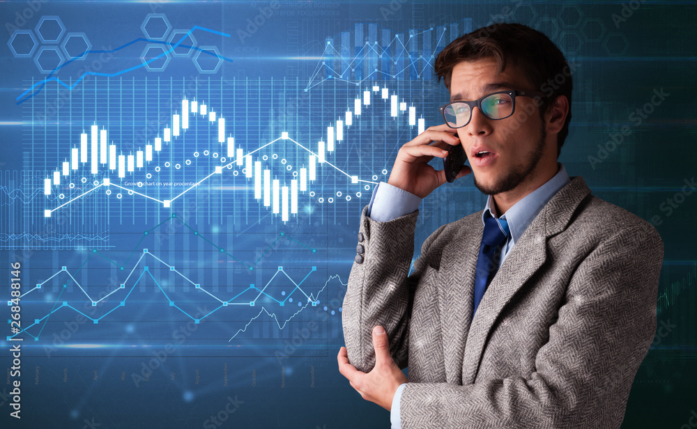 Young person talking on the phone with diagrams on the background
