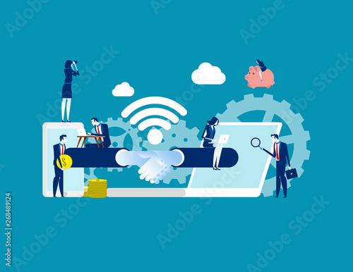 Business handshake via phone and laptop. Concept business vector illustration, Online transaction, Flat investor character design.