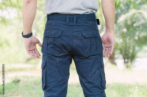 Model wearing blue color cargo pants or cargo trousers